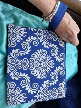Blue and White Scroll Print Zip Pouch